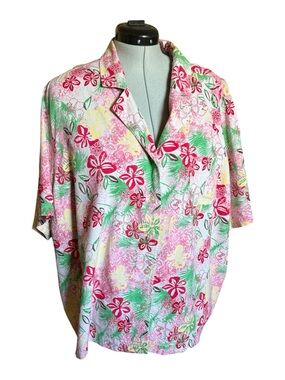 Vintage LIZ & Me Tropical Floral Button-Front Camp Shirt - Pink/Green- Size 3X